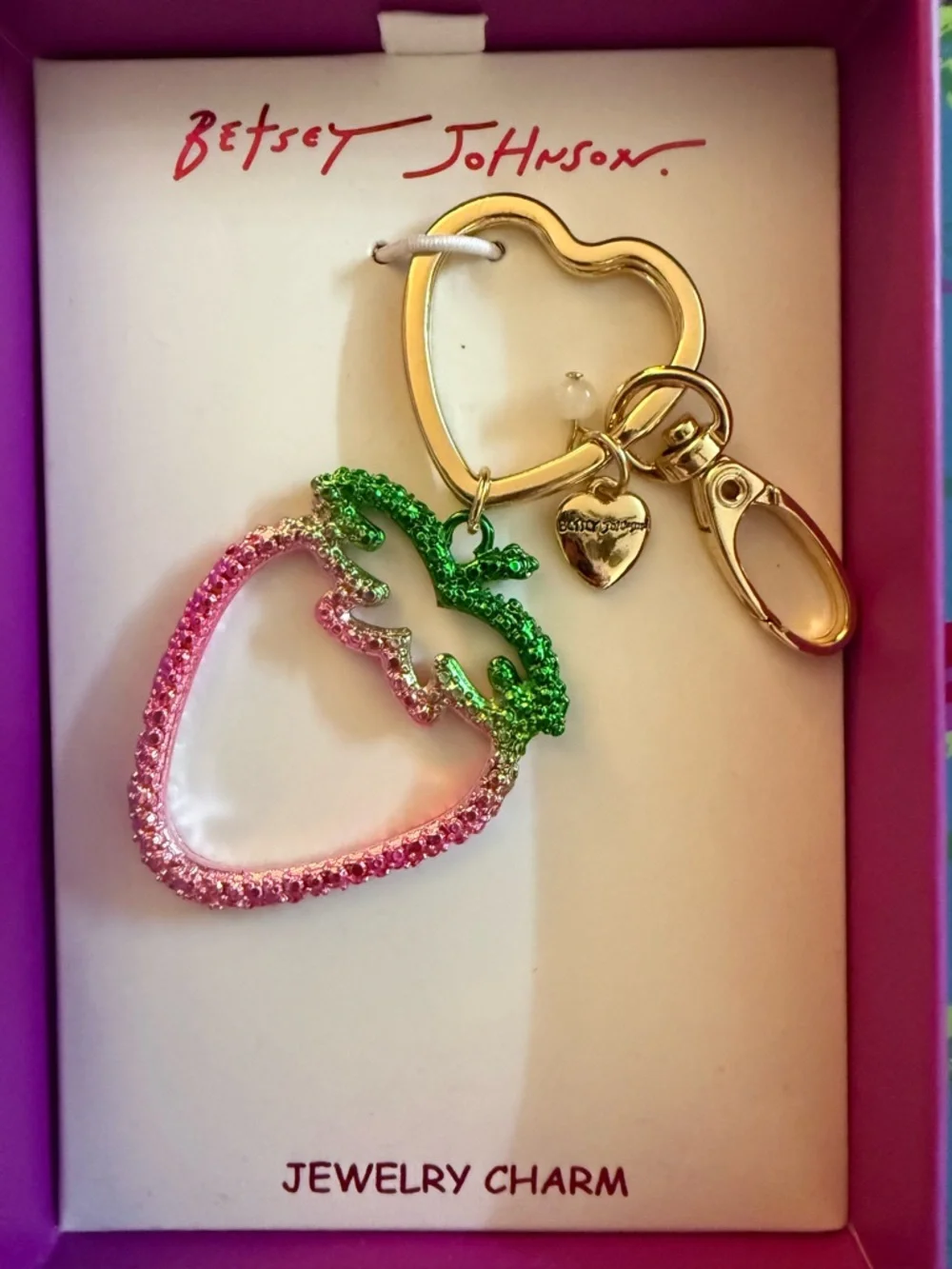 Betsey Johnson Pink & Green Strawberry Crystal Keychain Keyring